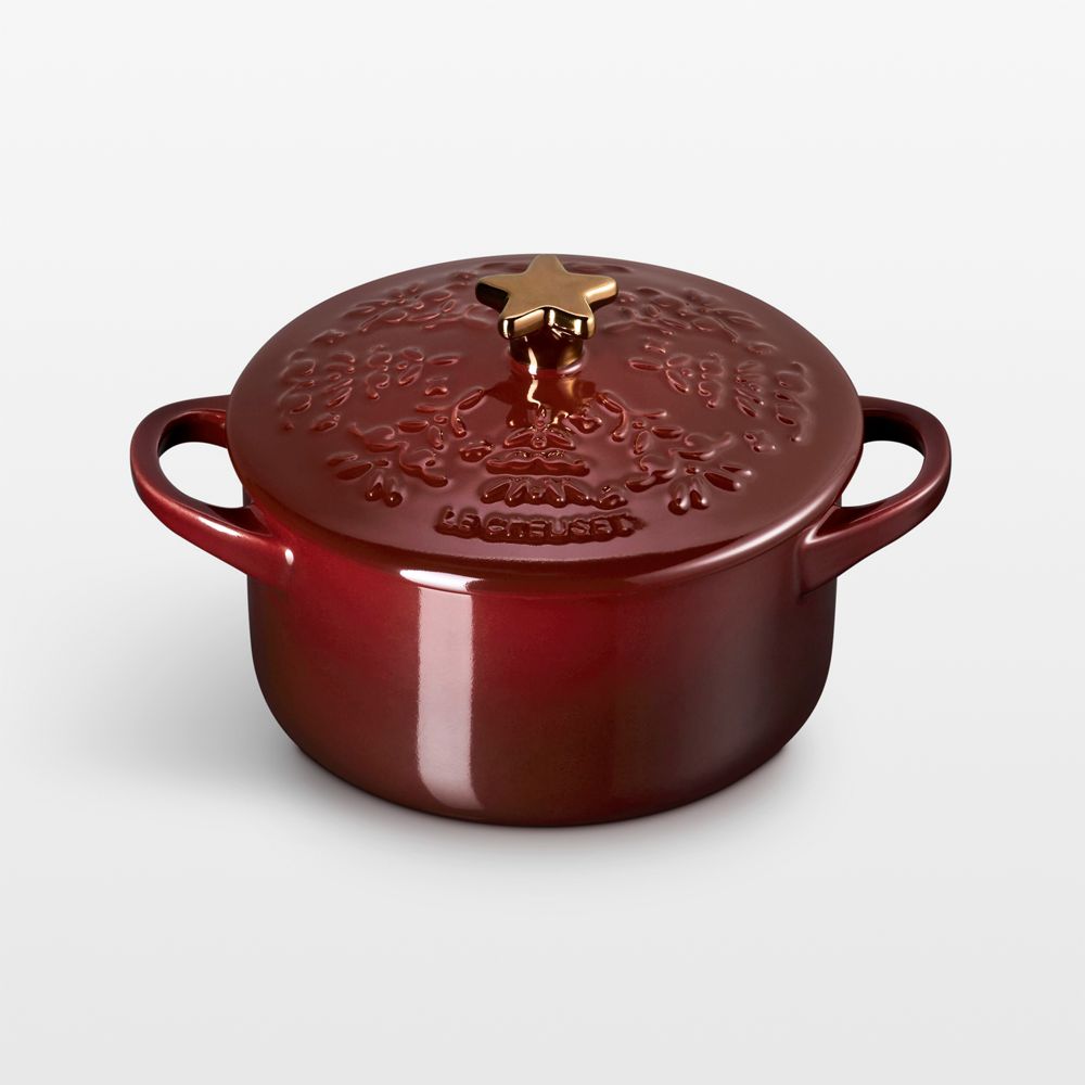 Le Creuset 24-Oz. Garnet Tree-Embossed Stoneware Mini Cocotte with Gold Star Knob
