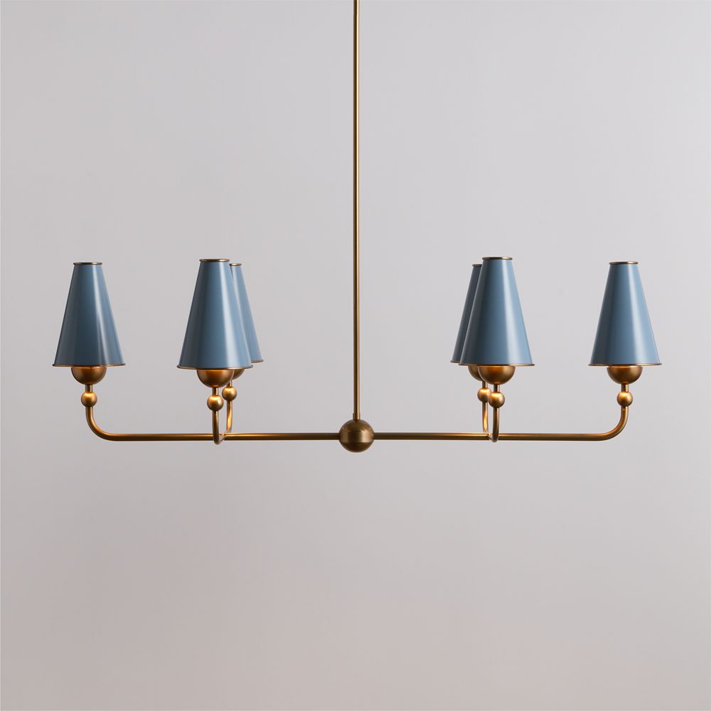 Everton Brass Linear Chandelier Light with Light Blue Metal Shades