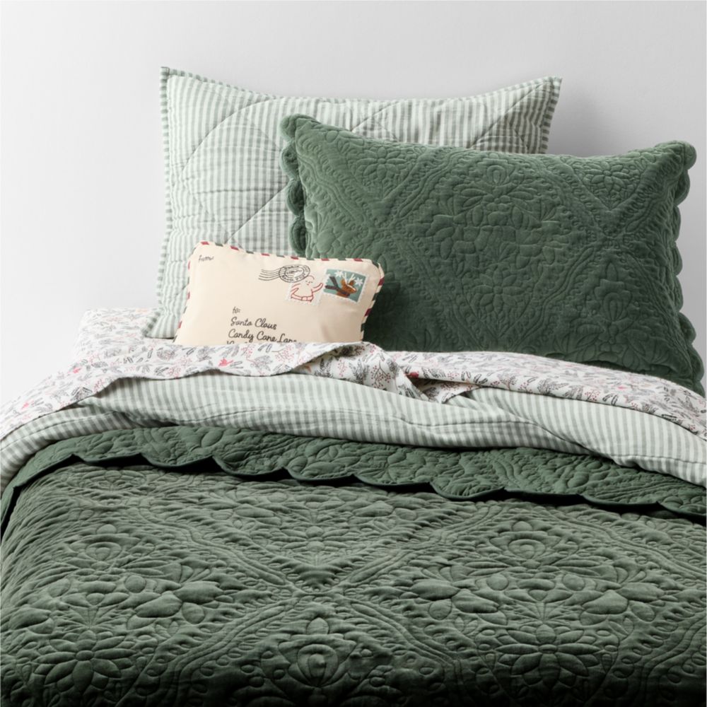 Winter Blooms Pine Green Quilted 100% Organic Cotton Velvet Kids Quilt