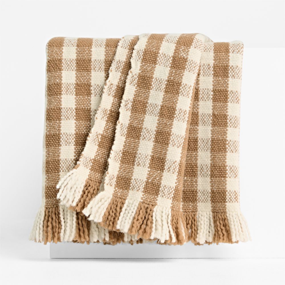 Heirloom 70"x55" Merino Wool Checkered Camel Tan Throw Blanket