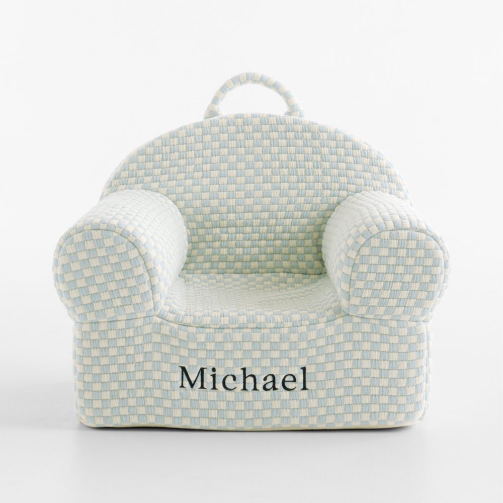 Large Sky Blue Checkered Matelass Kids Lounge Nod Chair