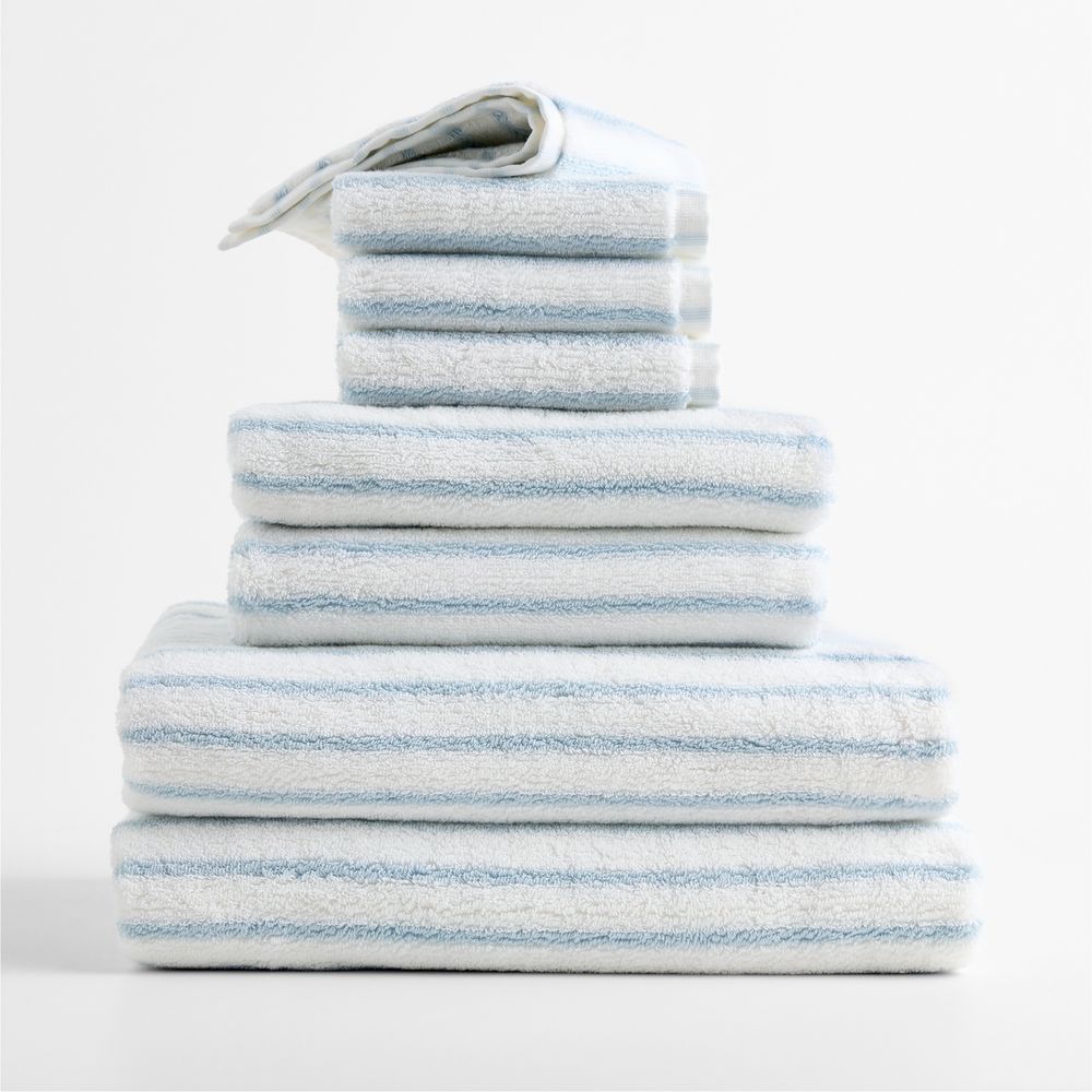 Classic Organic Turkish Cotton Pale Blue and Crisp White Stripe Bath Towels, Set of 8