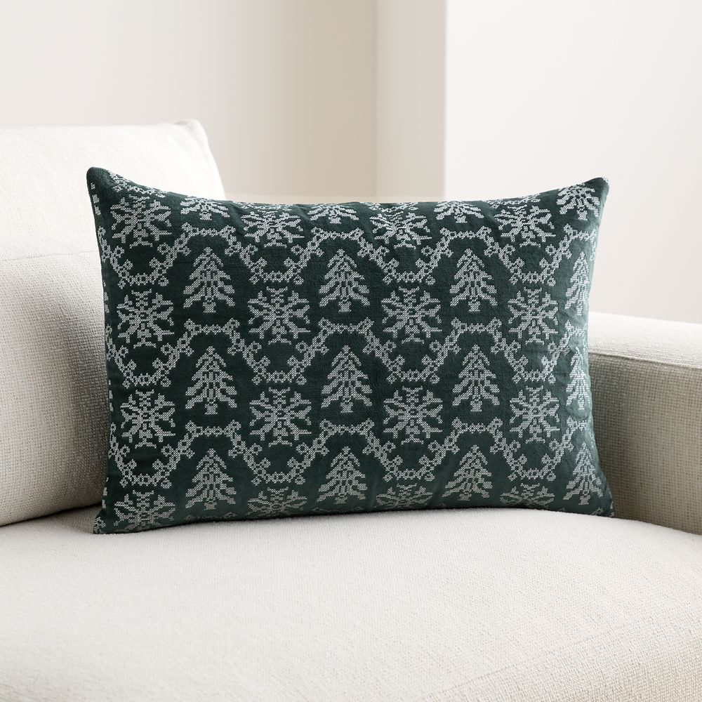Embroidered Garland Velvet 22"x15" Spruce Green Throw Pillow with Feather Insert