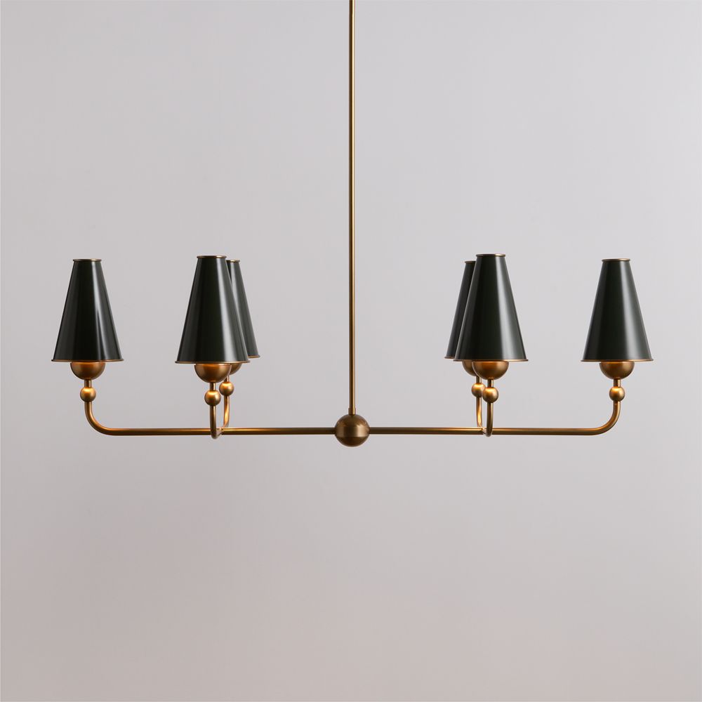 Everton Brass Linear Chandelier Light with Green Metal Shades