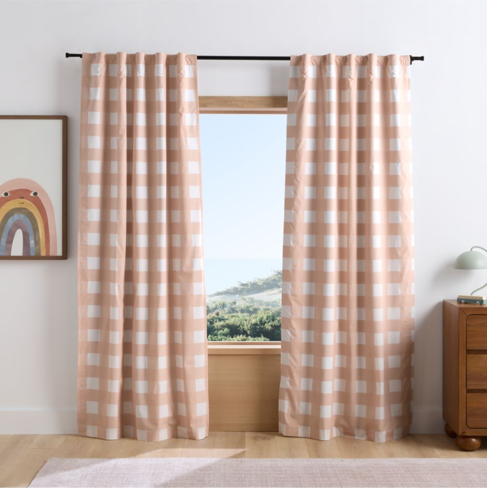 Pink Tint Buffalo Check Cotton Blackout Window Curtain Panel