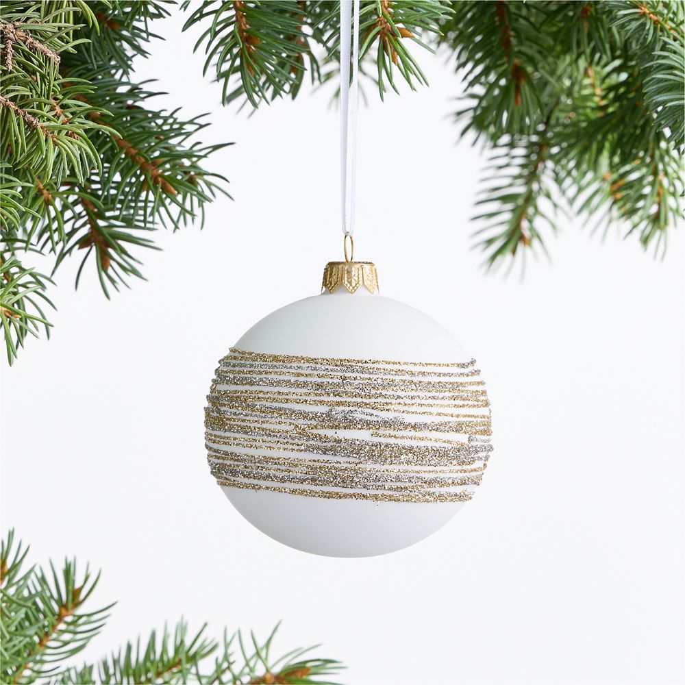 European Silver and Gold Glitter Striped White Glass Ball Christmas Tree Ornament
