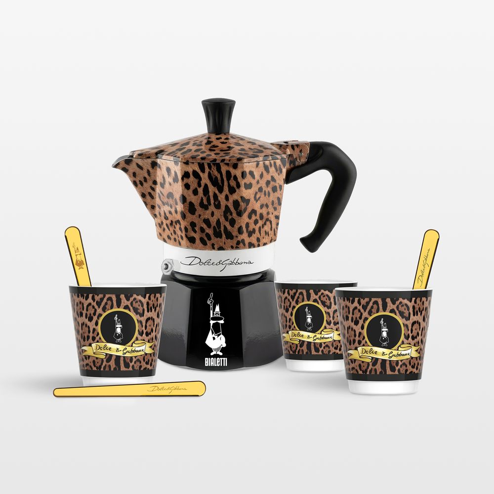 Bialetti Moka Dolce & Gabbana Leopardo 3-Cup + 3 Espresso Cups & Stirrers Gift Set
