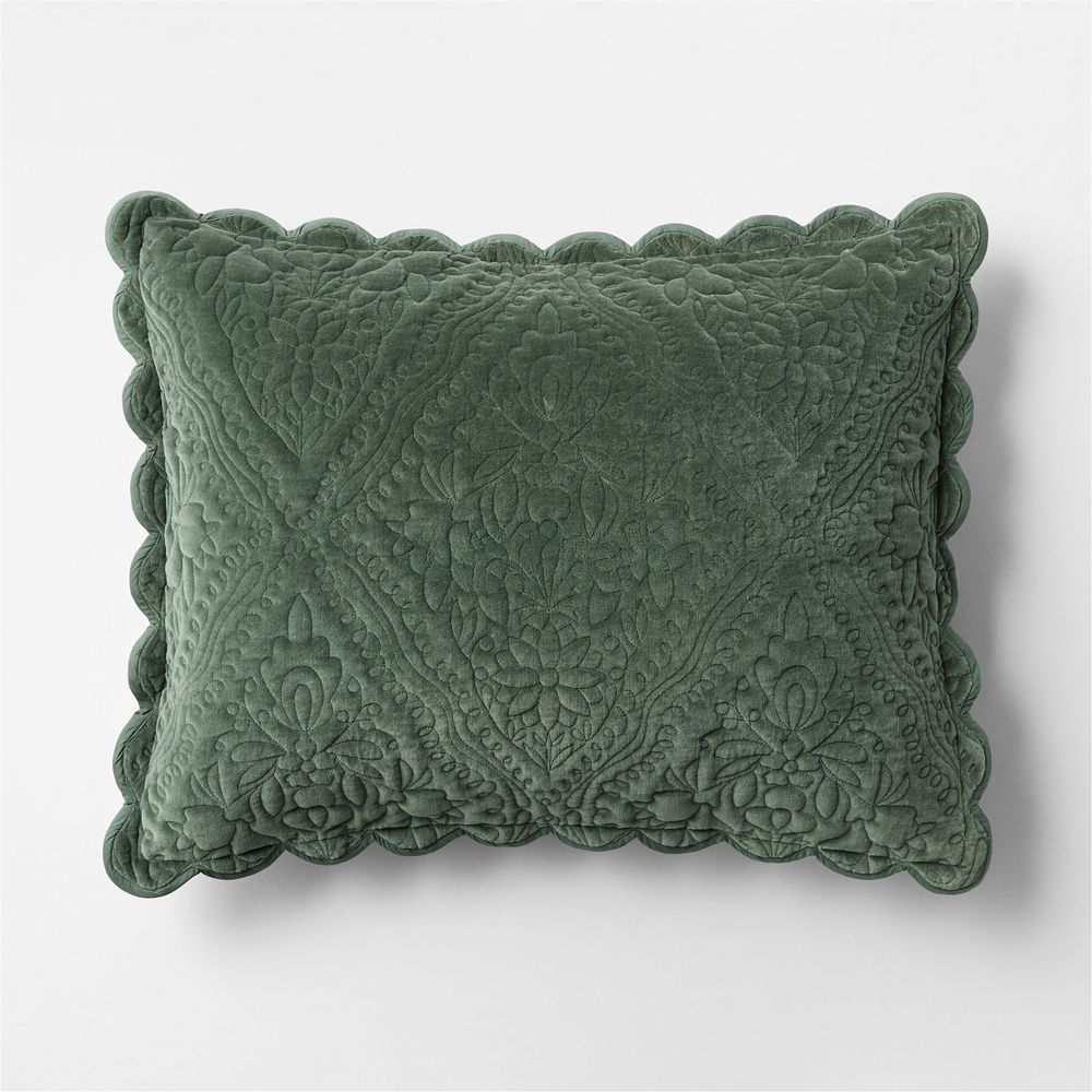 Winter Blooms Pine Green Quilted 100% Organic Cotton Velvet Kids Pillow Sham
