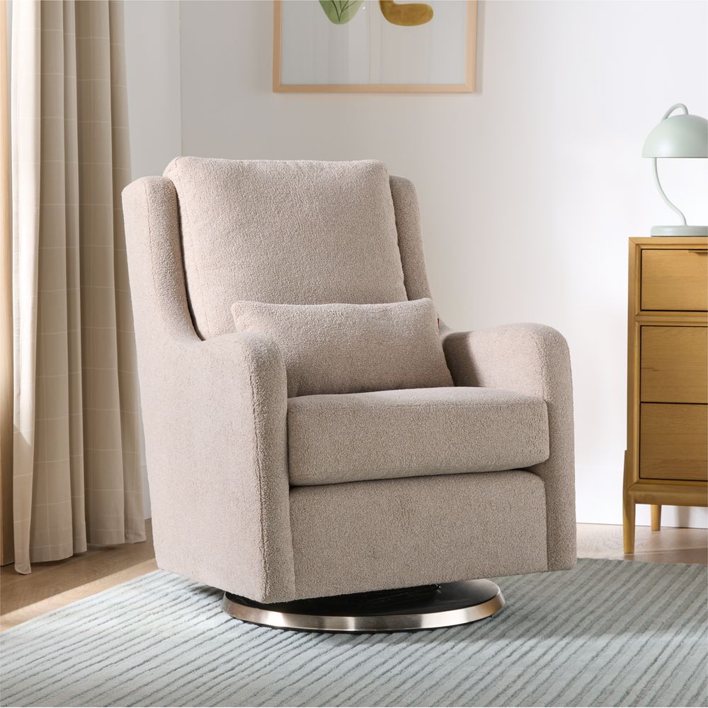 Milo Light Brown Sherpa Nursery Swivel Glider with Silver Base