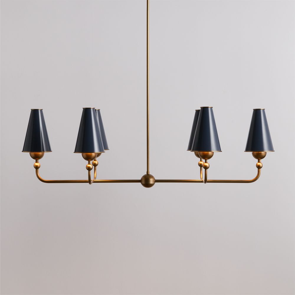 Everton Brass Linear Chandelier Light with Navy Metal Shades
