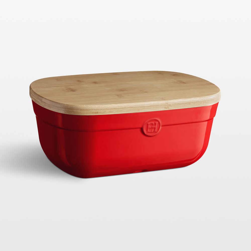 Emile Henry Burgundy Ceramic Bread Box with Bamboo Lid