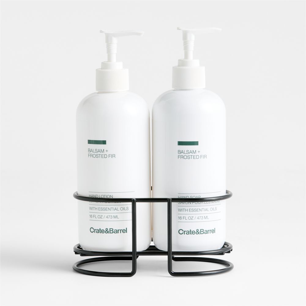 Balsam + Frosted Fir Hand Soap and Lotion Set with Matte Black Caddy