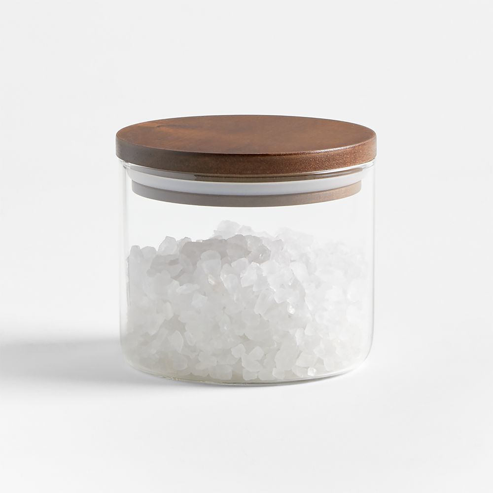 Crate & Barrel Round Glass Canisters with Dark Acacia Wood Lids