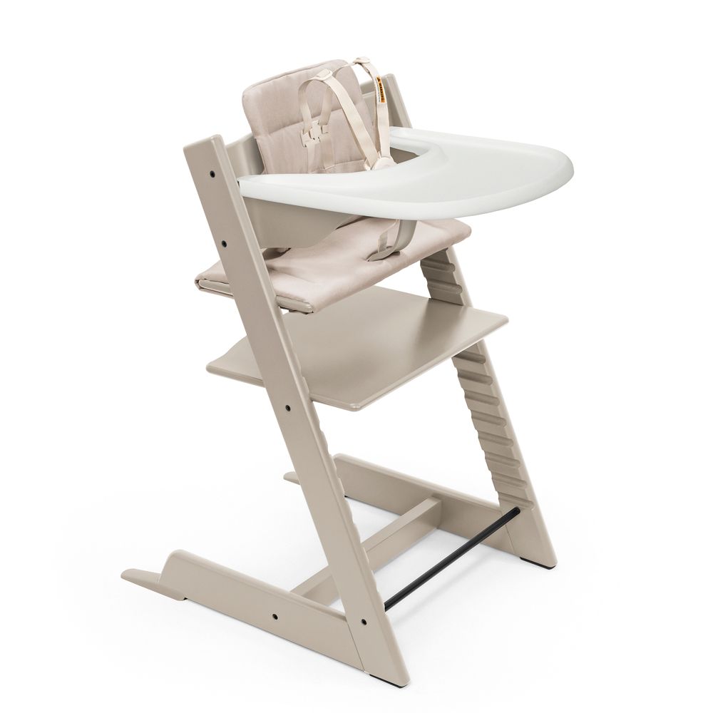 Stokke Tripp Trapp Complete Grey Wood Baby High Chair with Grey Cushion and White Stokke Tray