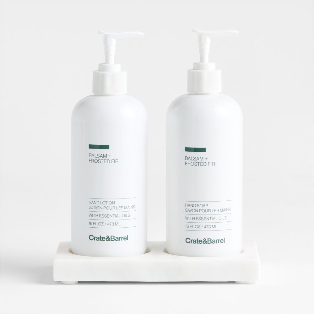 Balsam + Frosted Fir Hand Soap and Lotion Set with White Marble Caddy