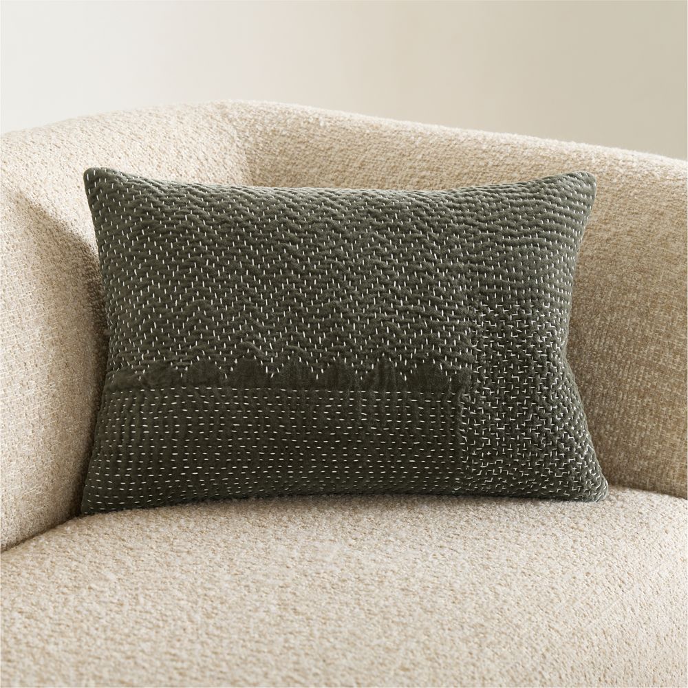 Sashiko Organic Cotton Velvet 22"x15" Burnt Green Throw Pillow