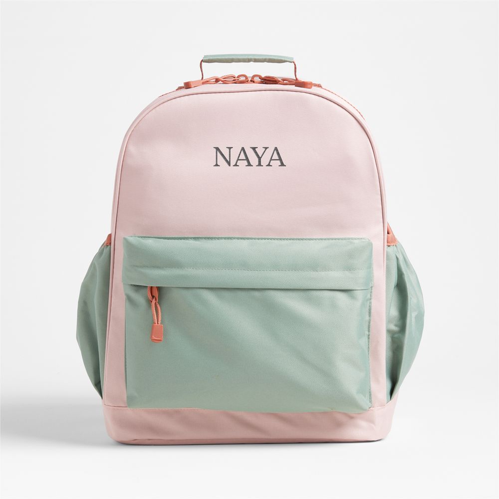 Pink and Mint Green Colorblock Large Kids Backpack with Side Pockets