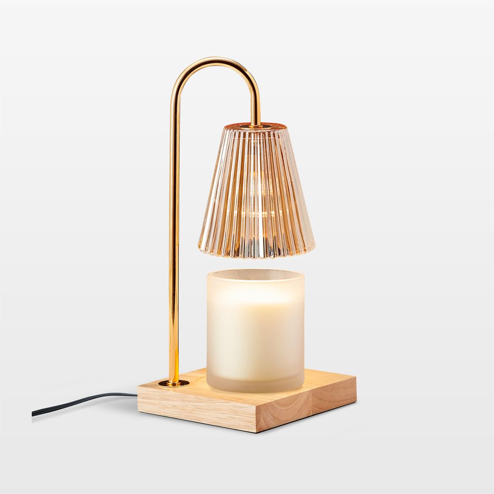 Candle Lamp Warmer with Fluted Clear Glass Shade and Natural Wood Base