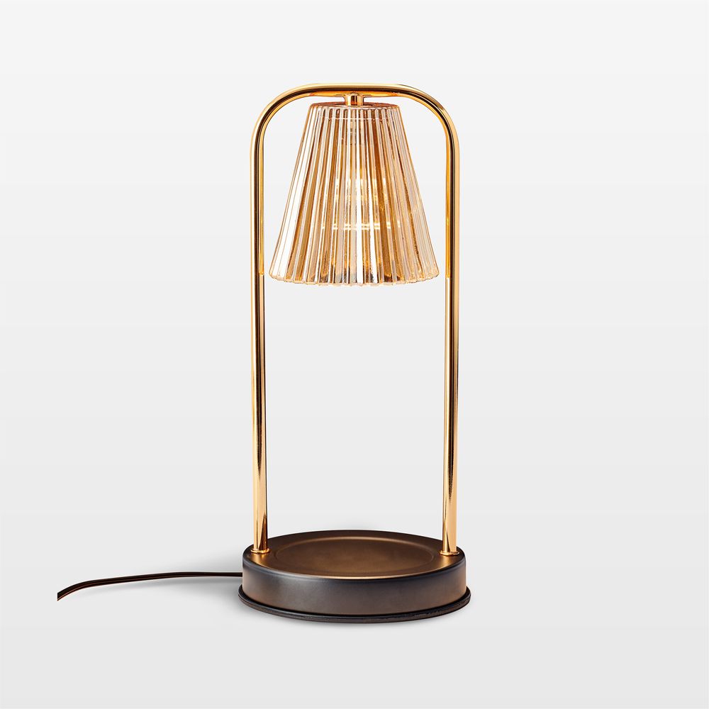 Candle Lamp Warmer with Fluted Amber Glass Shade and Black Metal Base