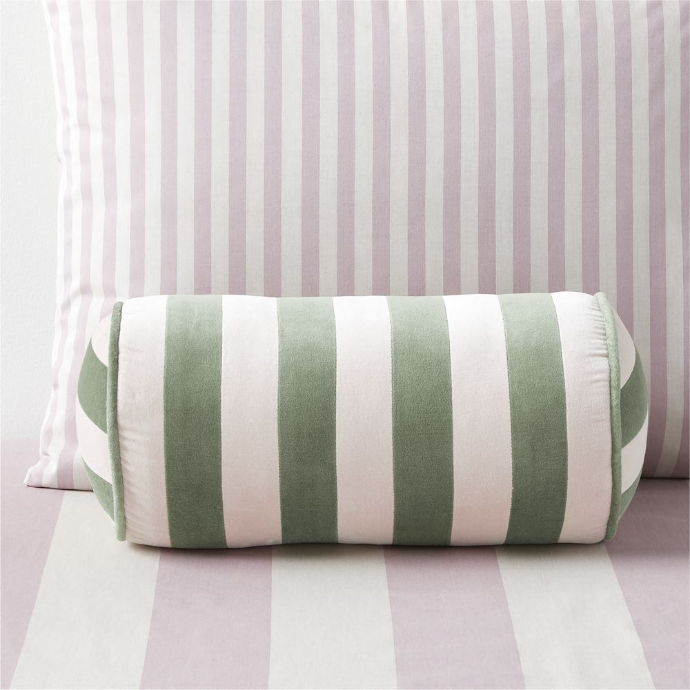Rosy Lilac and Cyprus Green Harriet Stripe Velvet Kids Bolster Pillow