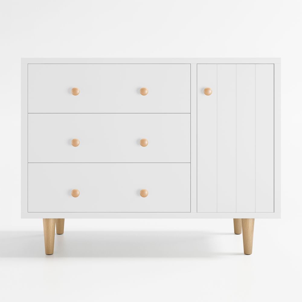 Finn 44" Narrow White Wood 3-Drawer Kids Dresser with Door