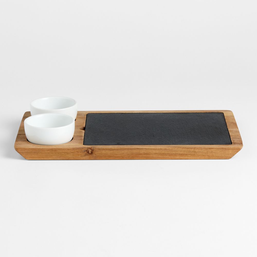 Slate and Wood Serving Board with Bowls