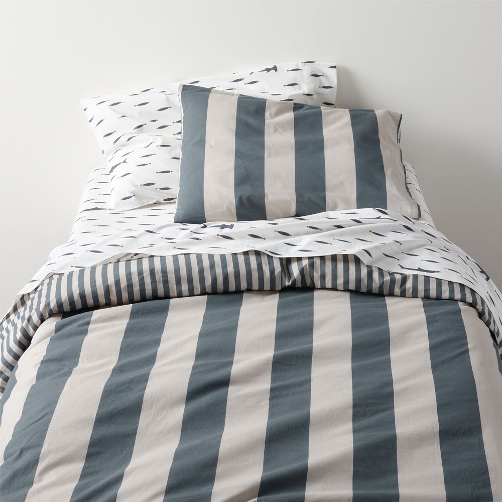 Riviera Slate Blue and Oatmeal Reversible Stripe Organic Cotton Reversible Kids Duvet Cover