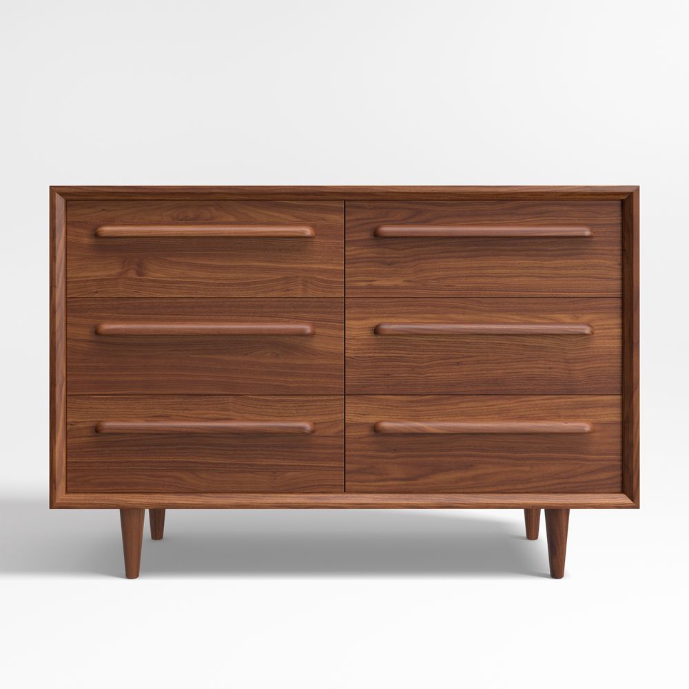 Tatum 52" Walnut Mid-Century Kids Wood 6-Drawer Wide Dresser