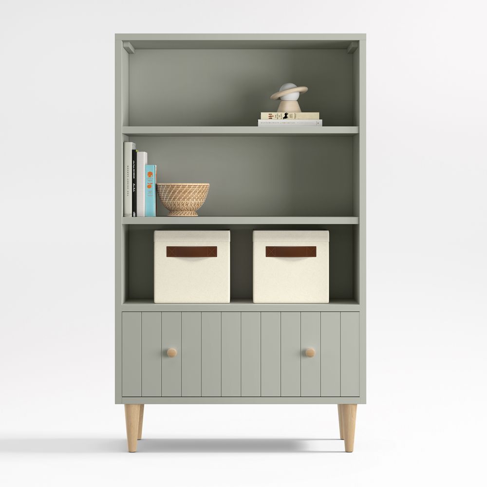Finn 36" Sage Green Wood 3-Shelf Tall Kids Bookcase with Drawer