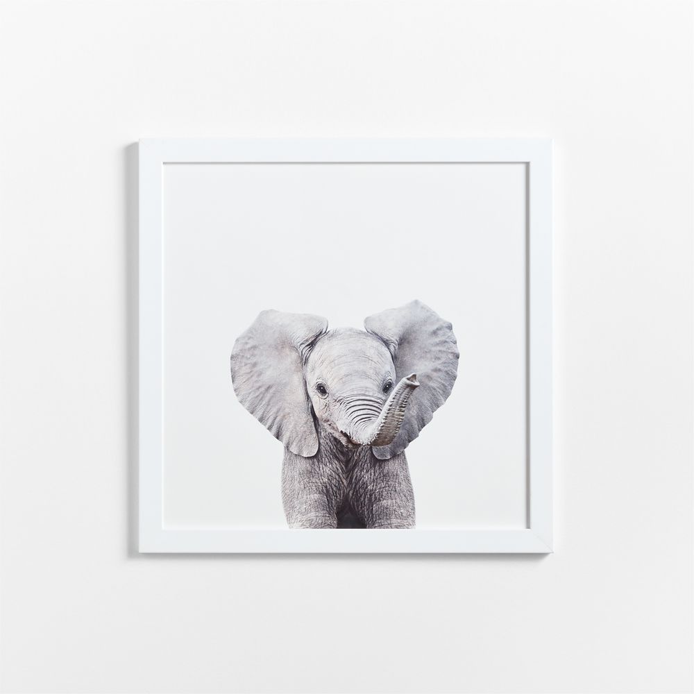 Baby Elephant White Wood Framed Wall Art Print