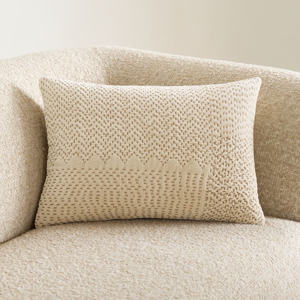 Sashiko Organic Cotton Velvet 22"x15" Travertine Beige Throw Pillow