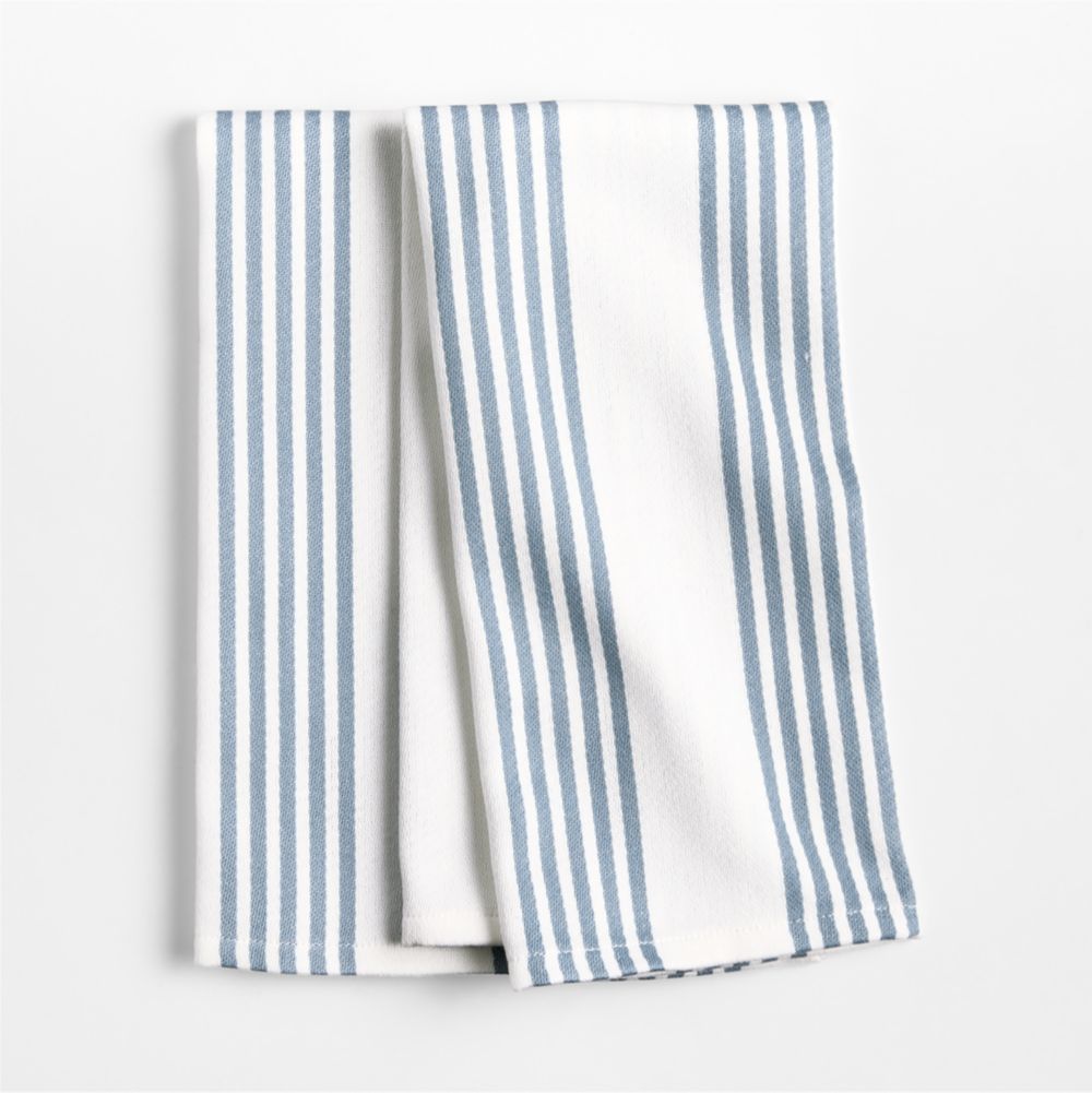 Cuisine White with Harbor Blue Stripe Organic Cotton Kitchen Dish Towel, Set of 2