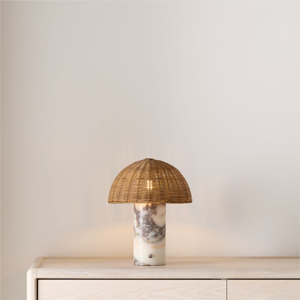 Seine Calacatta White Marble Mini Table Lamp with Rattan Shade 13"