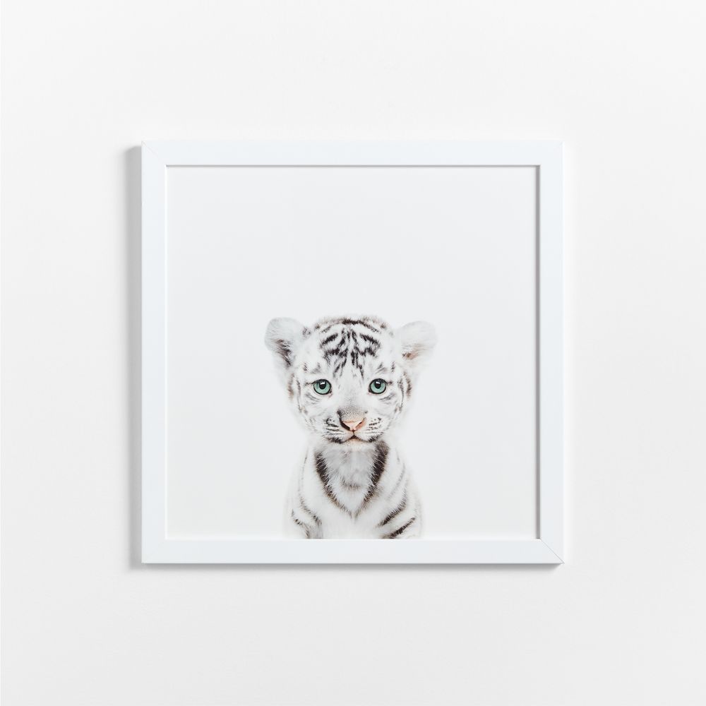 Baby White Tiger White Wood Framed Wall Art Print