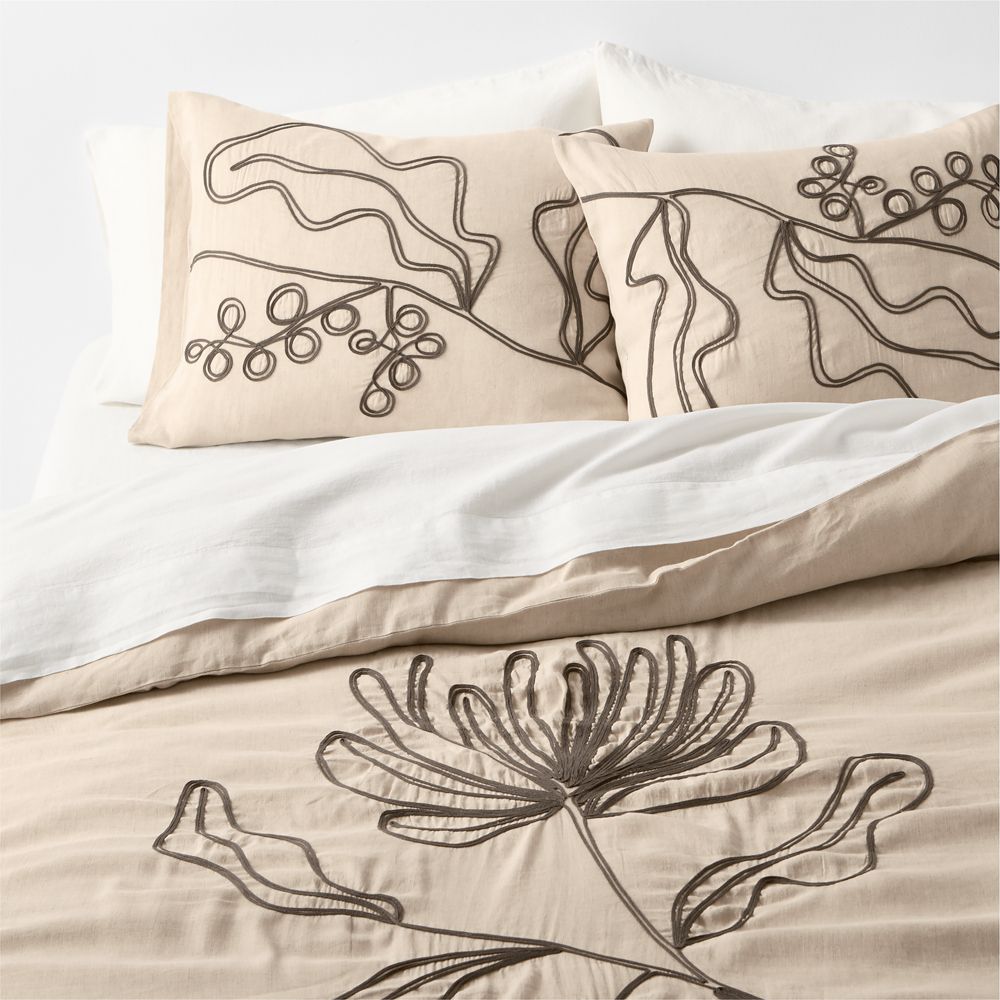 Embroidered Australian Botanical Organic Cotton Linen Duvet Cover