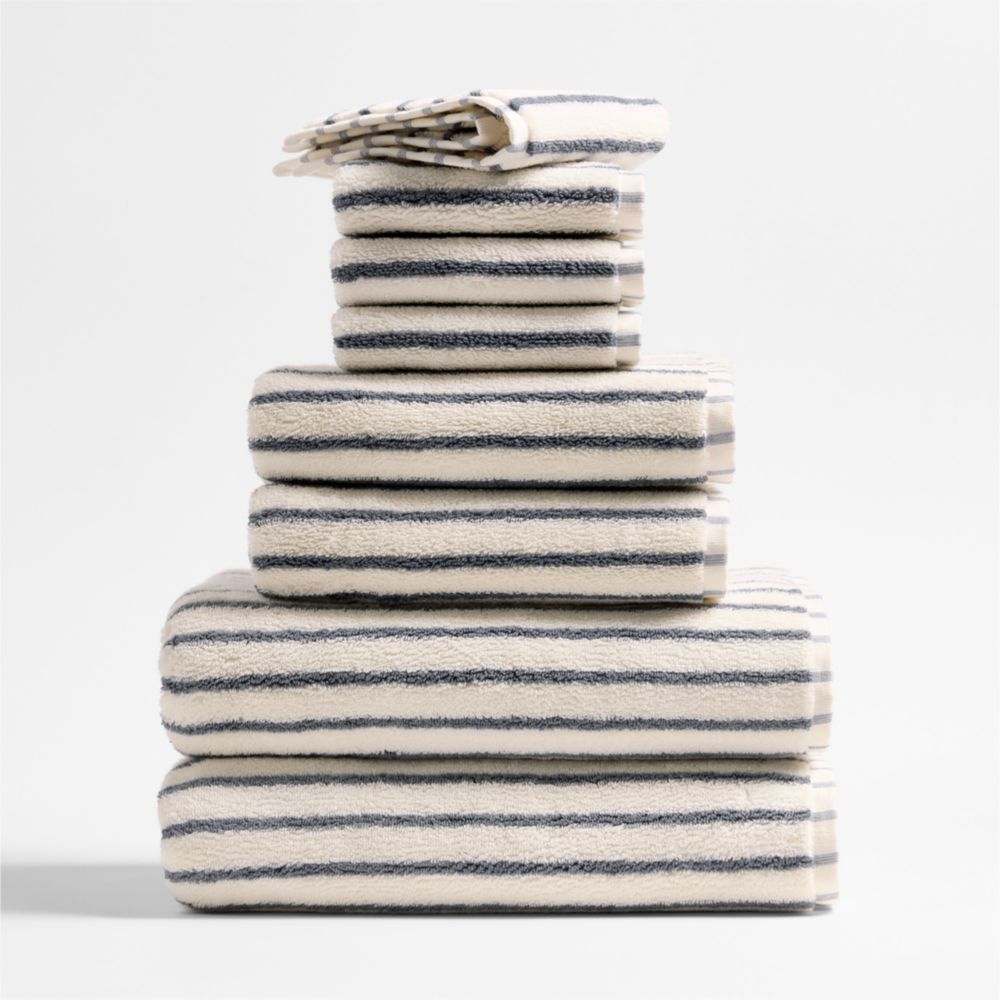 Classic Organic Turkish Cotton Pampas Ivory and Evening Blue Stripe Bath Towels, Set of 8