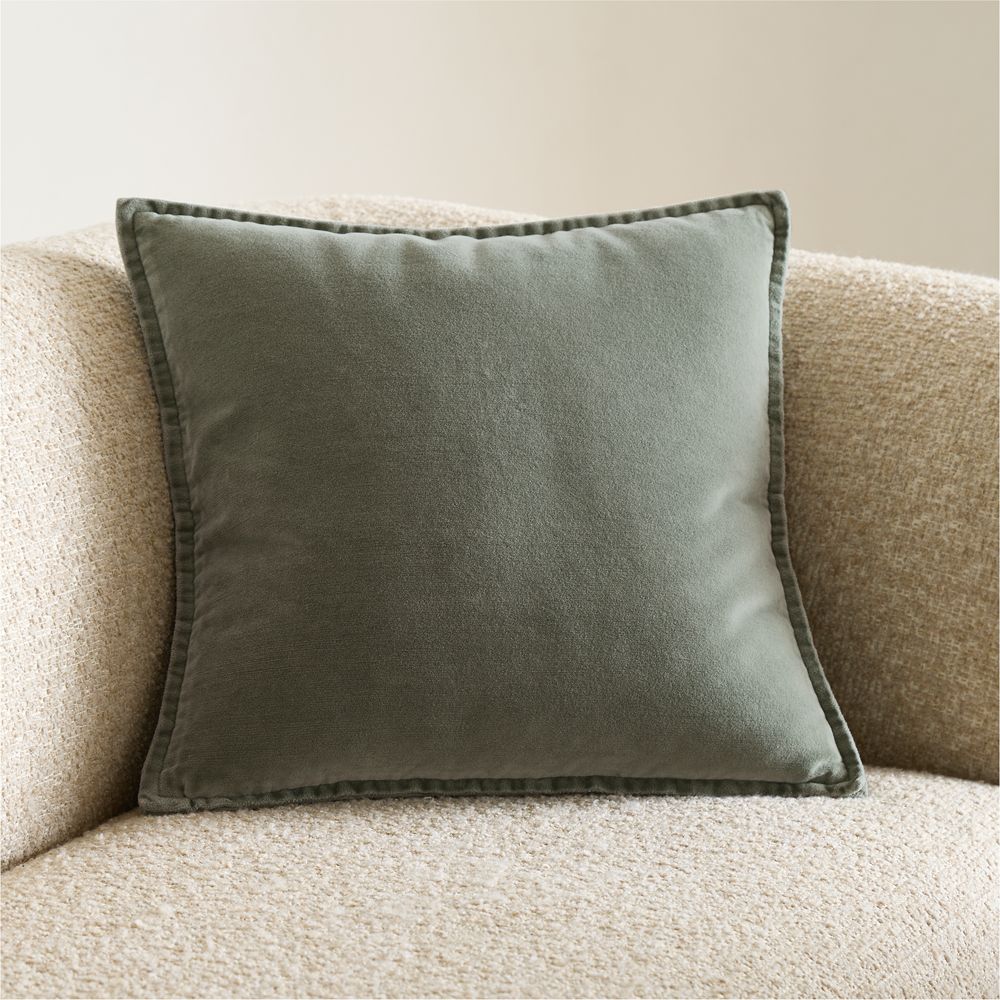 Relaxed Washed Organic Cotton Velvet 20"x20" Shadow Sage Green Throw Pillow