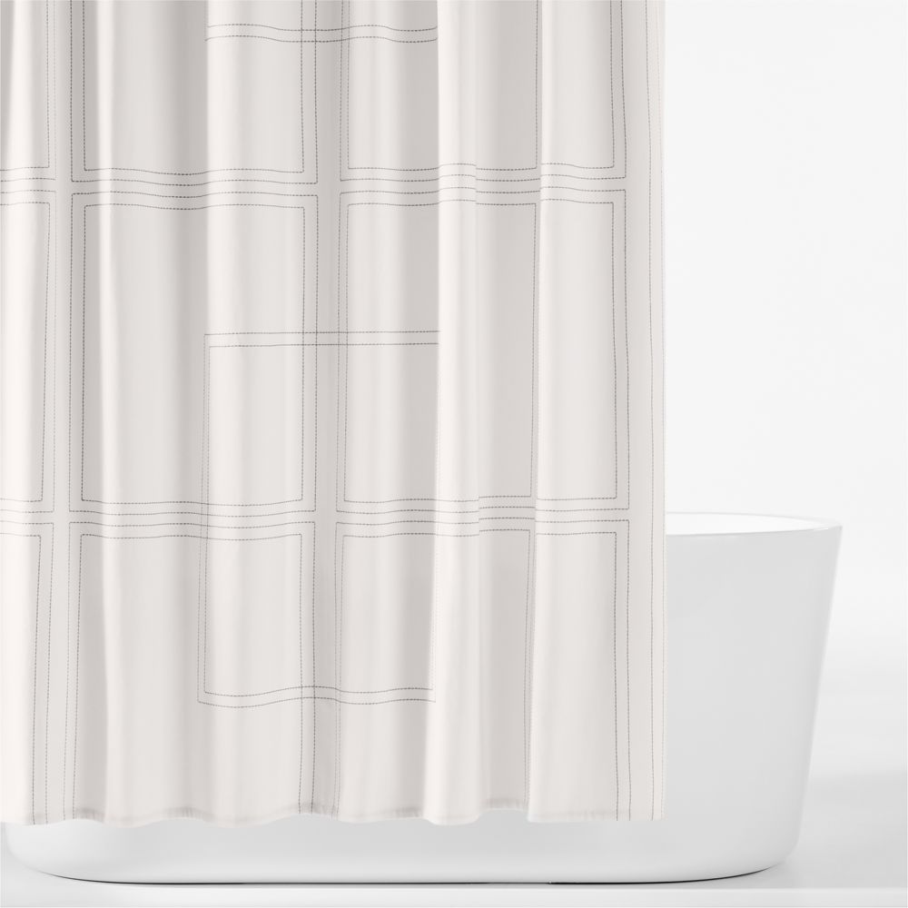 Organic Cotton Sateen Embroidered Bright White and Pewter Grey Shower Curtain