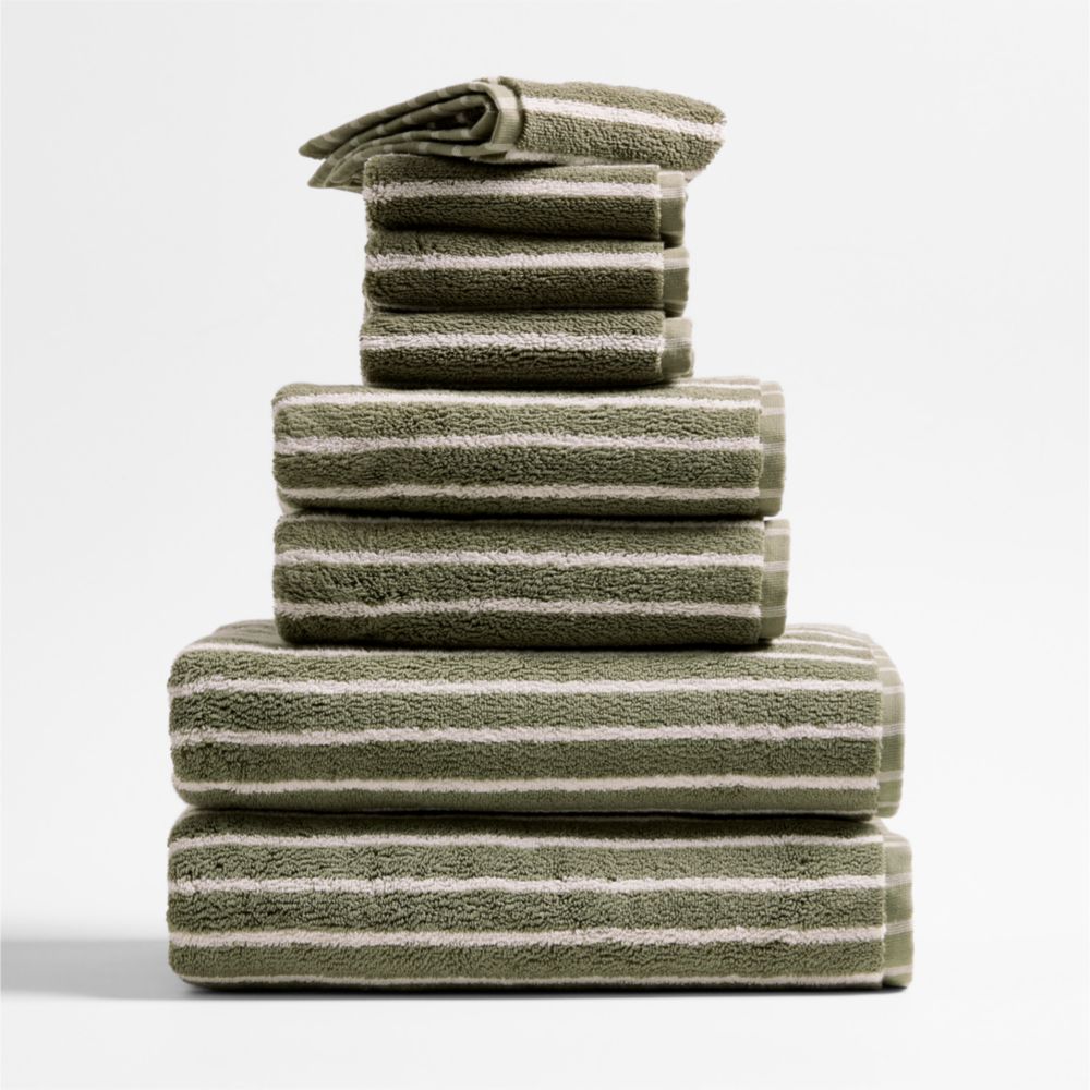 Classic Organic Turkish Cotton Shadow Sage and Pampas Ivory Stripe Bath Towels, Set of 8