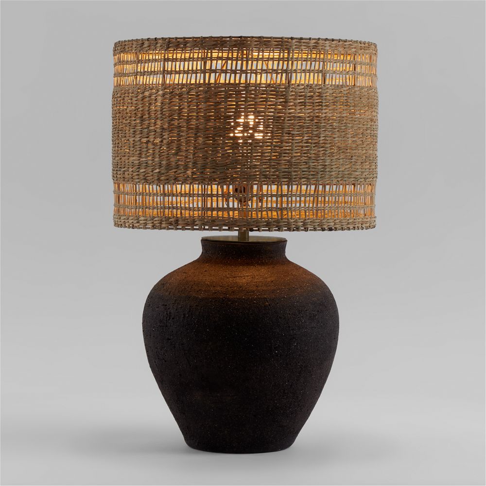 Corfu Black Table Lamp With Woven Natural Drum Shade 26.6"