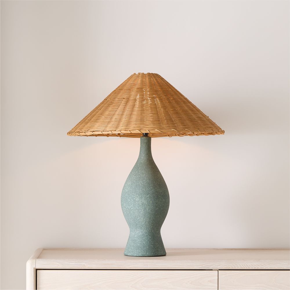 Courbe Green Ceramic Table Lamp with Rattan Shade by Athena Calderone 24.2"