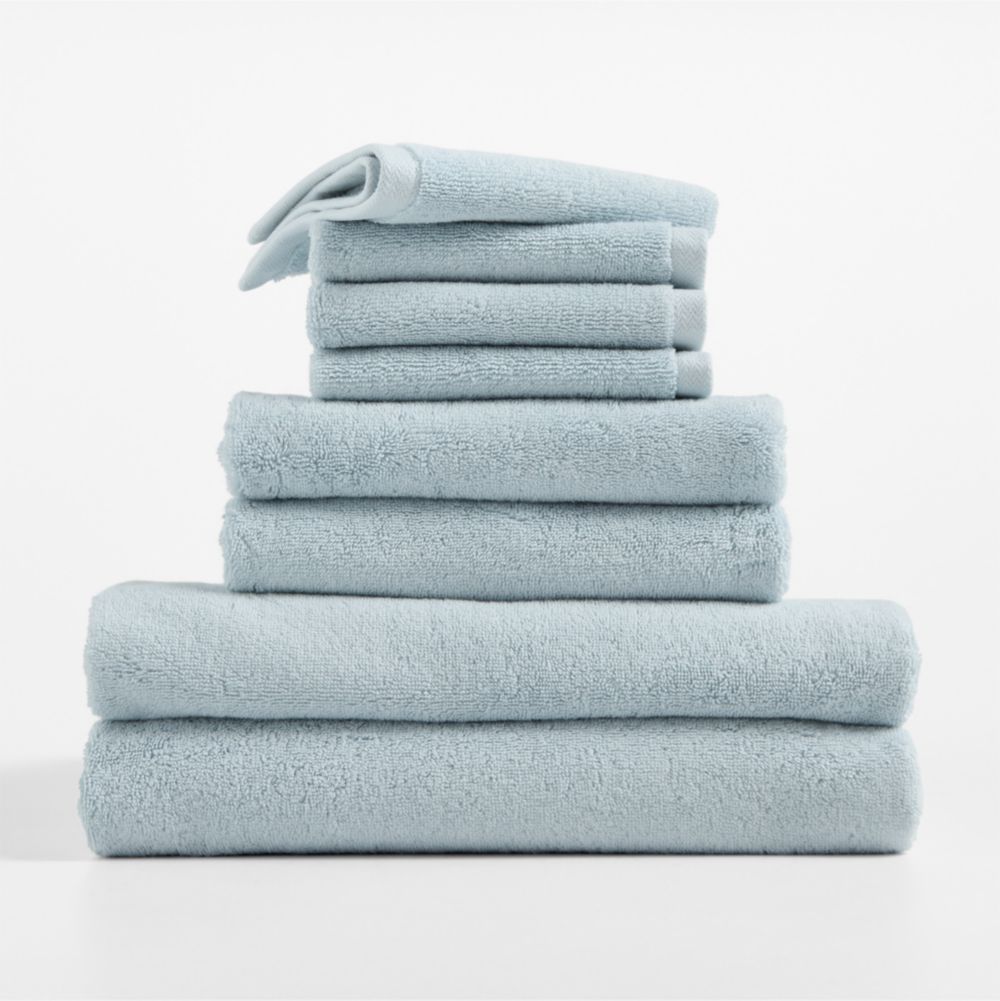 Classic Organic Turkish Cotton Pale Blue Bath Towels, Set of 8
