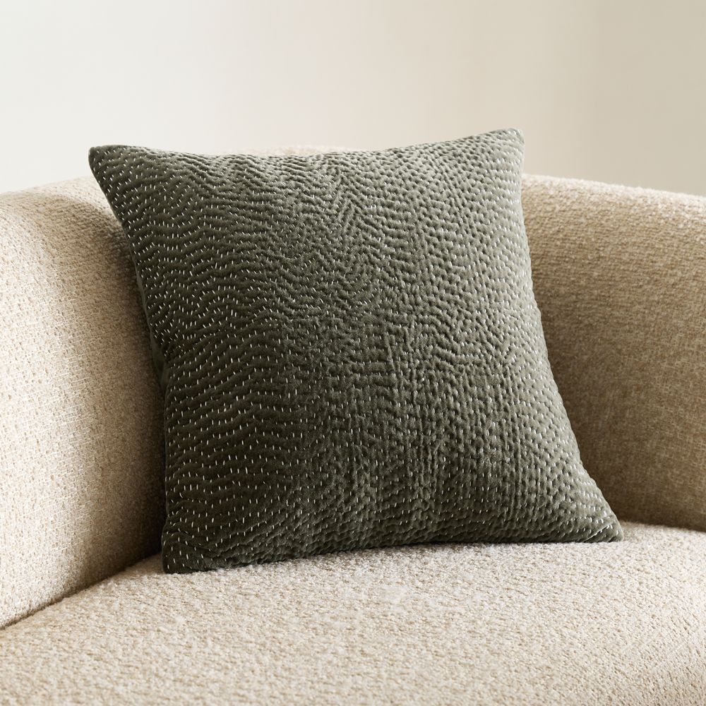 Sashiko Organic Cotton Velvet 20"x20" Burnt Green Throw Pillow