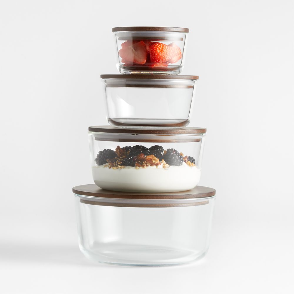 Crate & Barrel 8-Piece Round Glass Food Storage Container Set with Dark Acacia Wood Lids