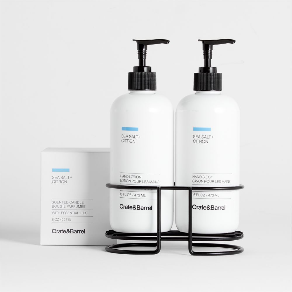 Sea Salt + Citron Candle, Hand Soap & Lotion Gift Set with Matte Black Steel Caddy