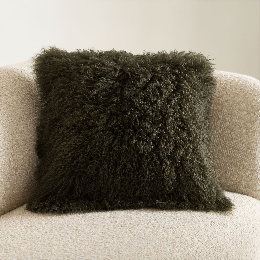 Mongolian Sheepskin 20"x20" Burnt Green Throw Pillow