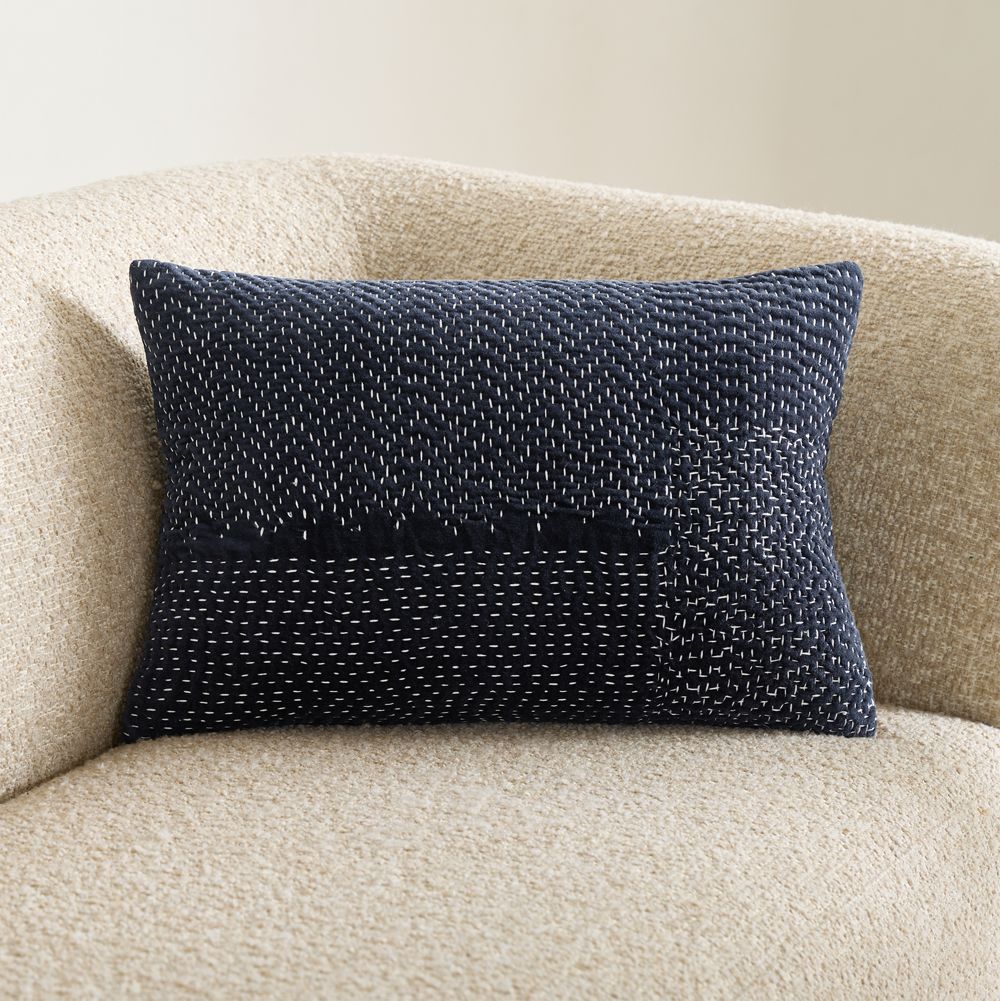 Sashiko Organic Cotton Velvet 22"x15" Deep Indigo Blue Throw Pillow