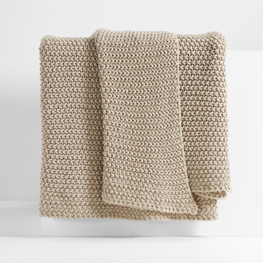 Organic Cotton 80"x80" Sand Beige Chunky Hand-Knit Bed Throw Blanket