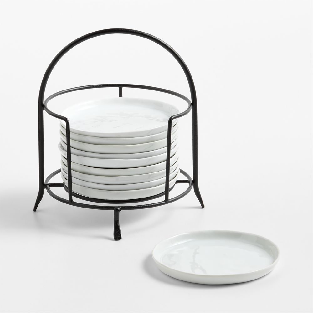Mercer White Round Porcelain Appetizer Plates with Black Stand, Set of 10
