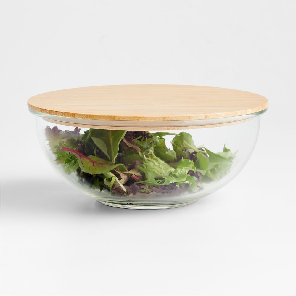 Crate & Barrel Large Glass Mixing Bowl with Bamboo Lid